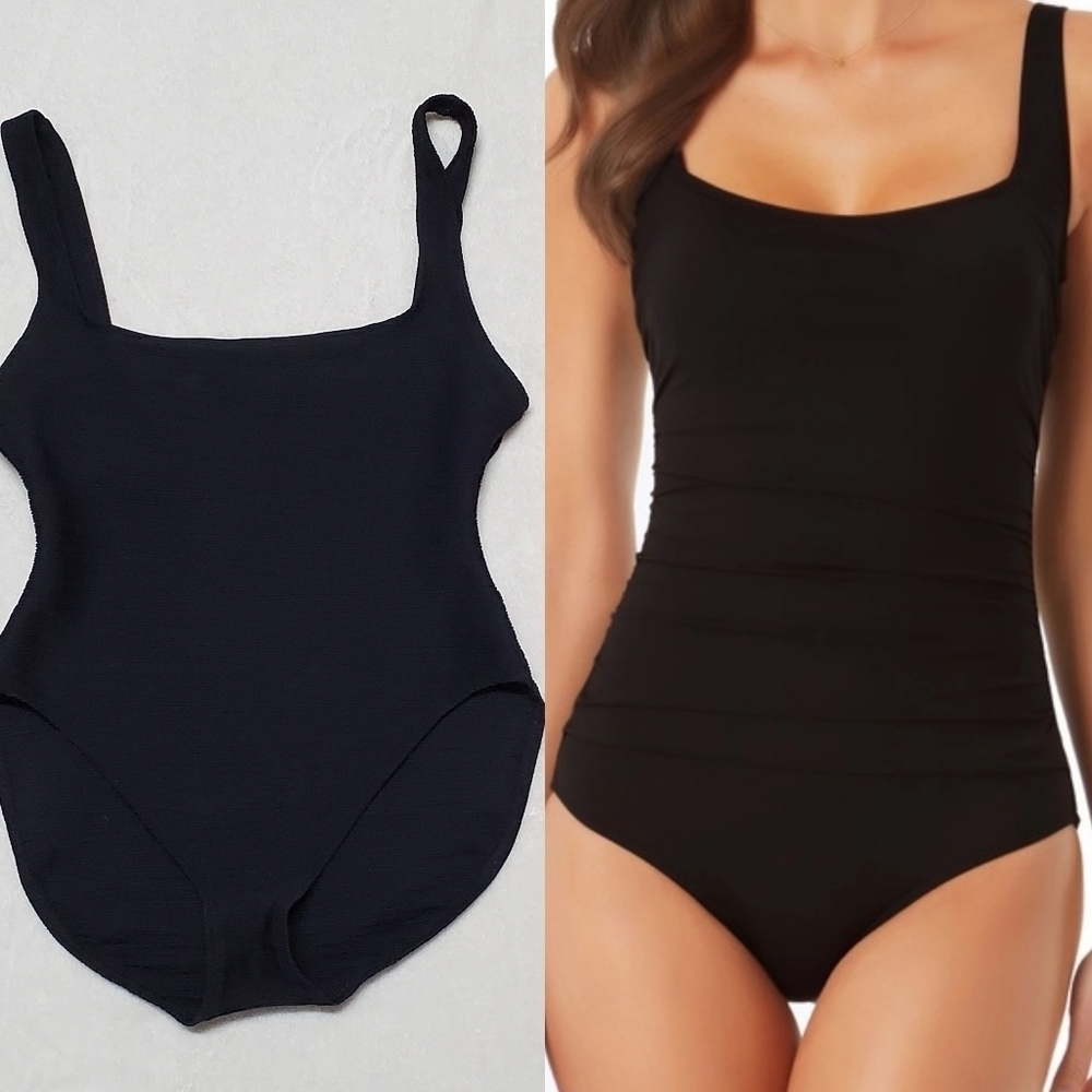 Vintage Anne Cole Collection Black Micro-Ribbed Square Neck One-piece Swimsuit